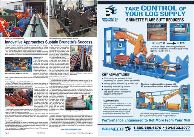An image of Brunette Machinery's article and ad in SFPB newsmagazine